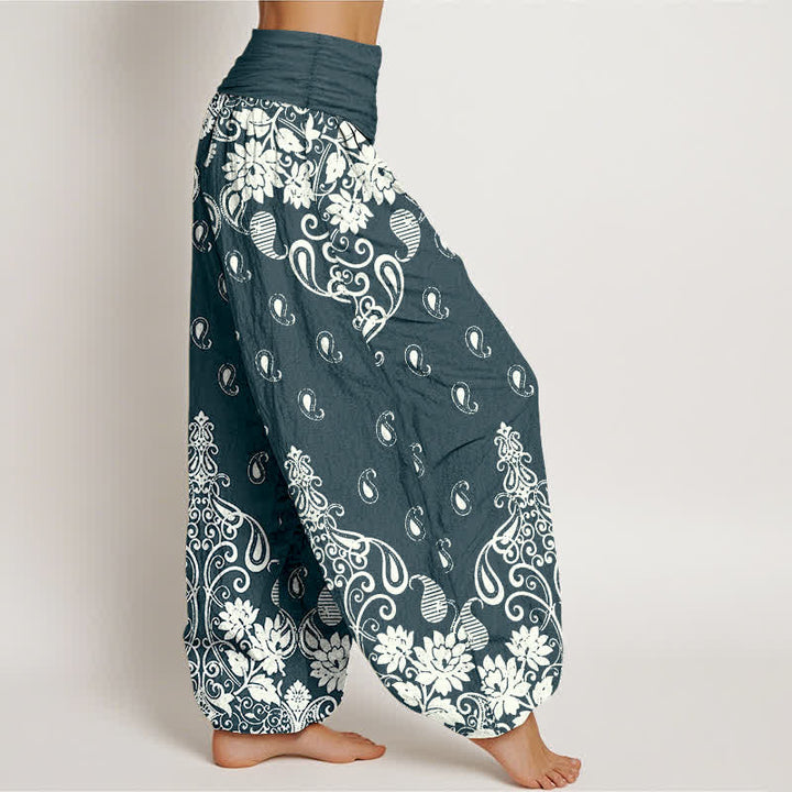 Buddha Stones Pantalon harem pour femme en pur coton blanc à motif floral cachemire et taille élastique - image 7