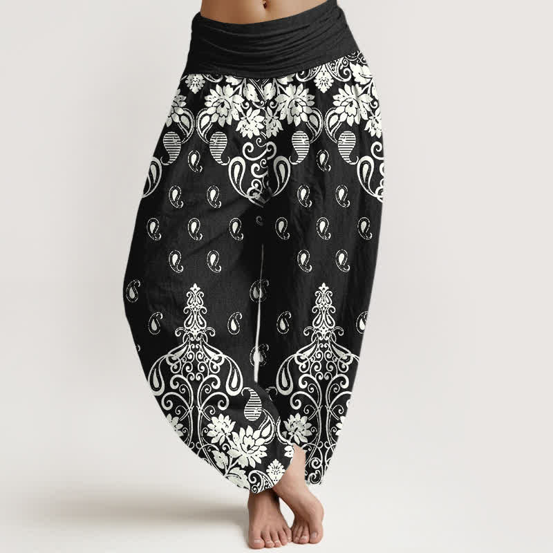 Buddha Stones Pantalon harem pour femme en pur coton blanc à motif floral cachemire et taille élastique - Noir - US16，UK/AU20，EU48 (3XL) - image 8