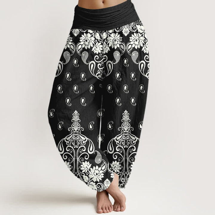 Buddha Stones Pantalon harem pour femme en pur coton blanc à motif floral cachemire et taille élastique - Noir - US16，UK/AU20，EU48 (3XL) - image 8