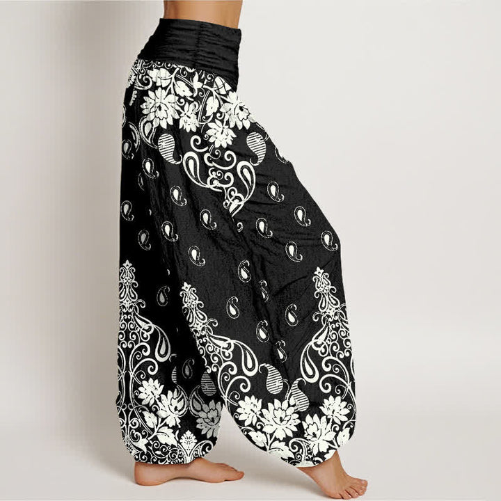 Buddha Stones Pantalon harem pour femme en pur coton blanc à motif floral cachemire et taille élastique - image 10