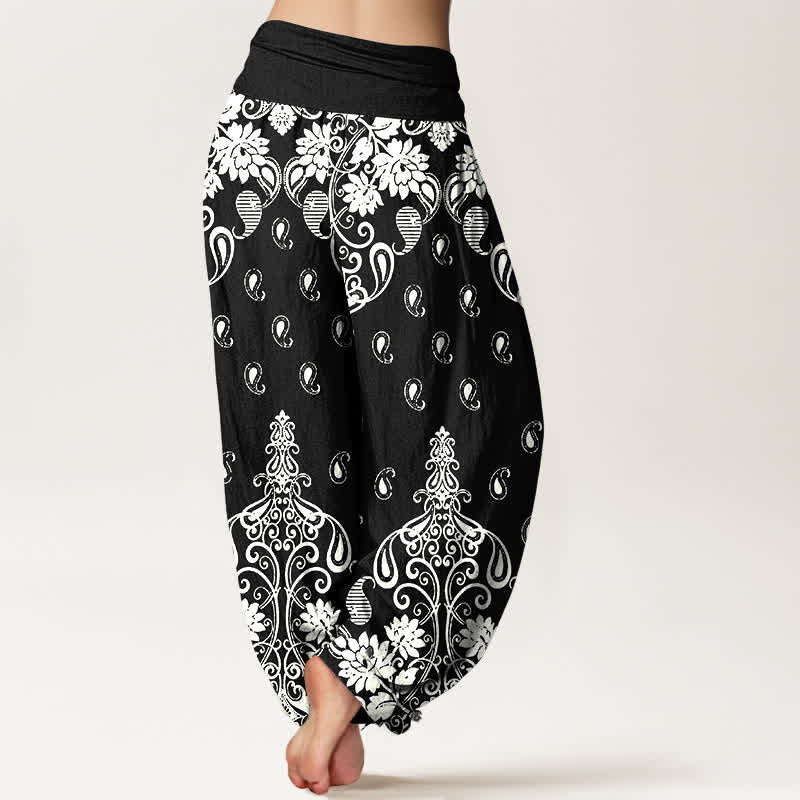 Buddha Stones Pantalon harem pour femme en pur coton blanc à motif floral cachemire et taille élastique - image 9