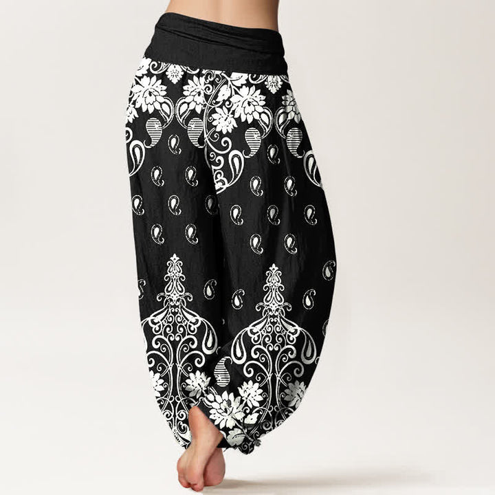 Buddha Stones Pantalon harem pour femme en pur coton blanc à motif floral cachemire et taille élastique - image 9