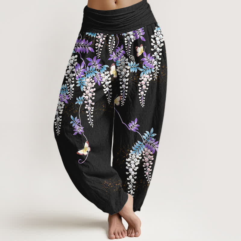 Buddha Stones Pantalon harem pour femme en pur coton à motif papillon glycine et taille élastique - Noir - US16，UK/AU20，EU48 (3XL) - image 0