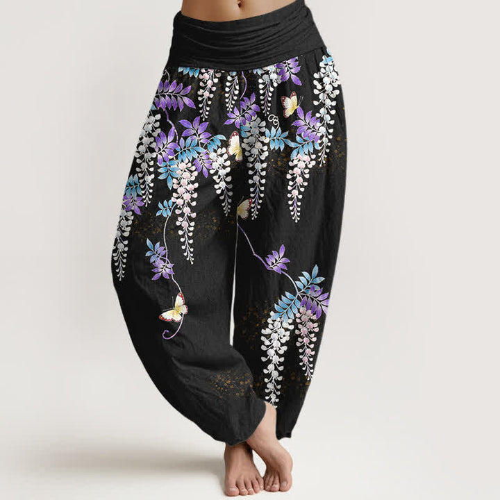 Buddha Stones Pantalon harem pour femme en pur coton à motif papillon glycine et taille élastique - Noir - US16，UK/AU20，EU48 (3XL) - image 0