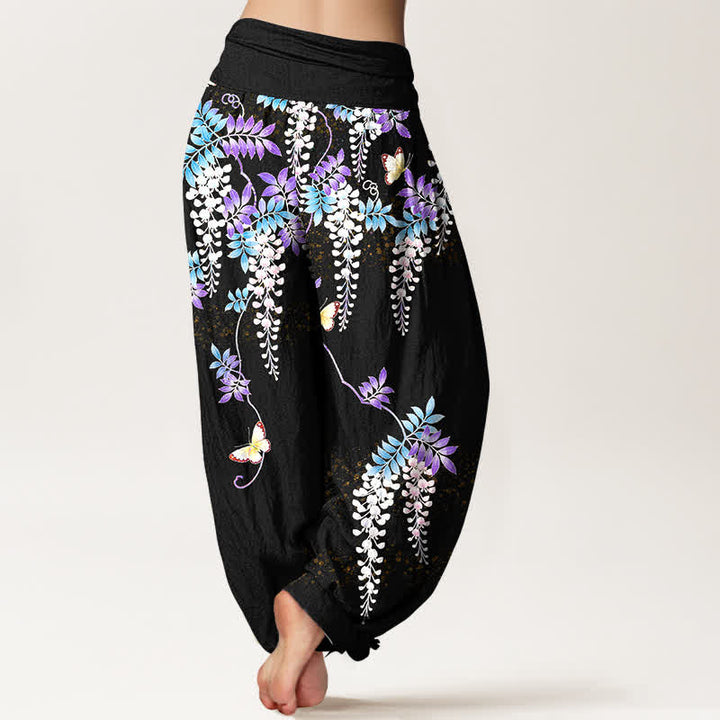 Buddha Stones Pantalon harem pour femme en pur coton à motif papillon glycine et taille élastique - image 1