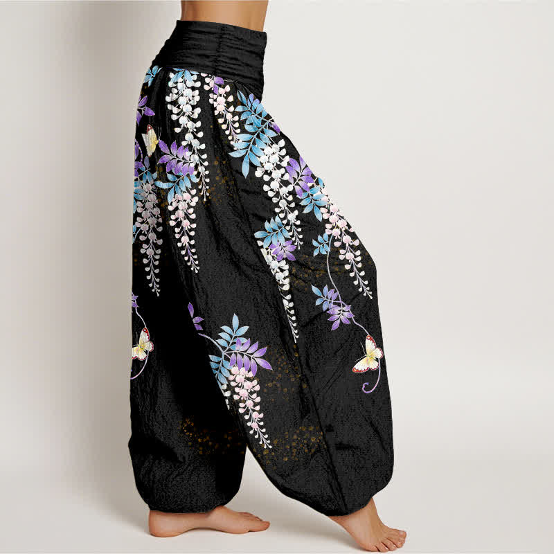 Buddha Stones Pantalon harem pour femme en pur coton à motif papillon glycine et taille élastique - image 2