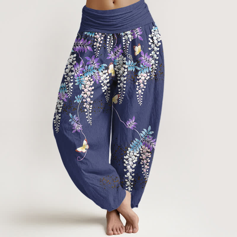 Buddha Stones Pantalon harem pour femme en pur coton à motif papillon glycine et taille élastique - Bleu ardoise - US16，UK/AU20，EU48 (3XL) - image 5