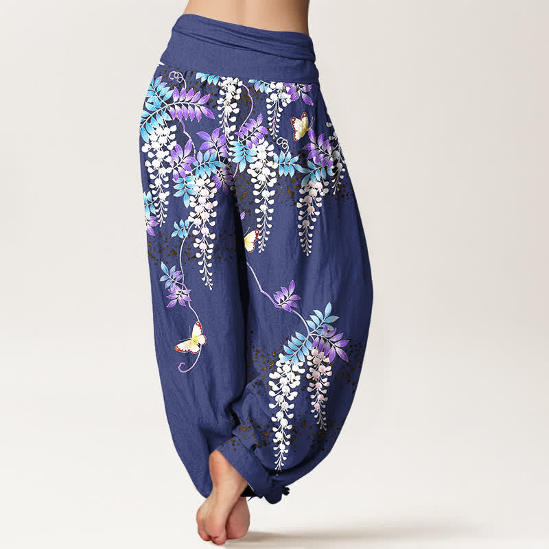 Buddha Stones Pantalon harem pour femme en pur coton à motif papillon glycine et taille élastique - image 6