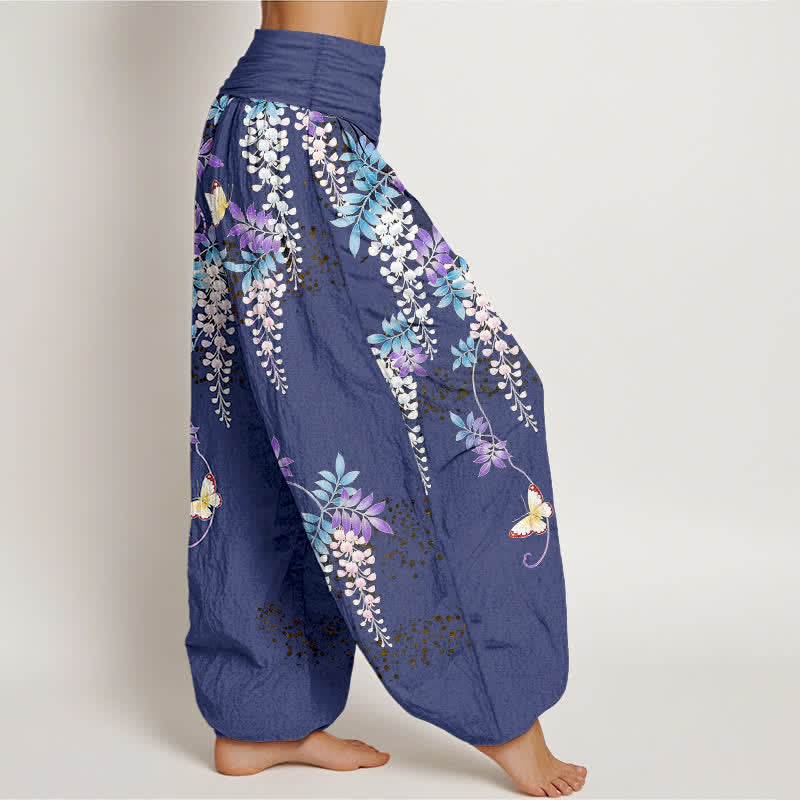 Buddha Stones Pantalon harem pour femme en pur coton à motif papillon glycine et taille élastique - image 7