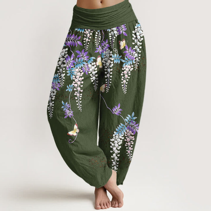 Buddha Stones Pantalon harem pour femme en pur coton à motif papillon glycine et taille élastique - Vert olive foncé - US16，UK/AU20，EU48 (3XL) - image 8