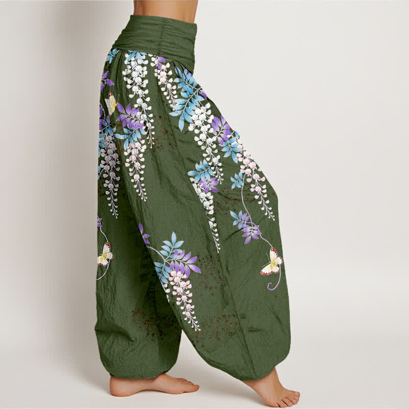 Buddha Stones Pantalon harem pour femme en pur coton à motif papillon glycine et taille élastique - image 10