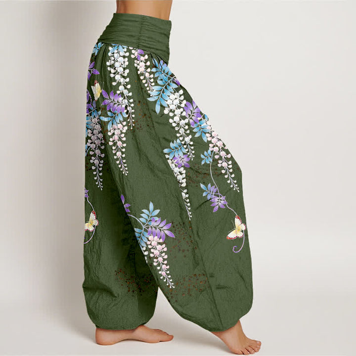 Buddha Stones Pantalon harem pour femme en pur coton à motif papillon glycine et taille élastique - image 10