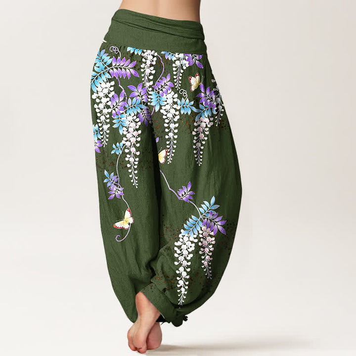 Buddha Stones Pantalon harem pour femme en pur coton à motif papillon glycine et taille élastique - image 9