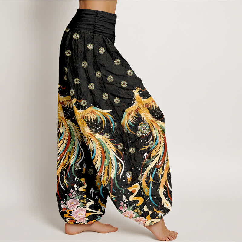 Buddha Stones Pantalon harem à taille élastique pour femme, motif phénix doré en coton - image 2