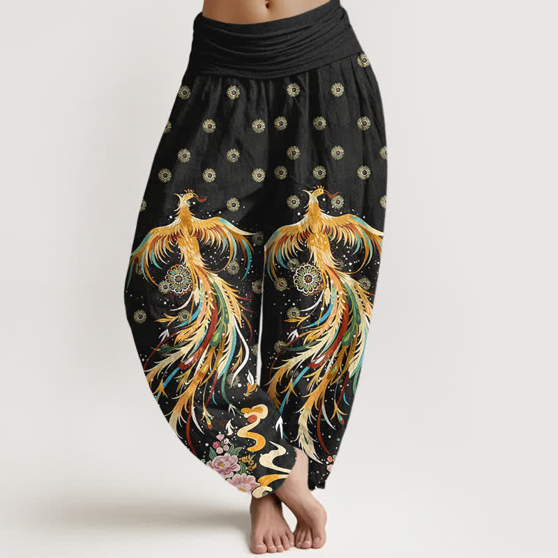 Buddha Stones Pantalon harem à taille élastique pour femme, motif phénix doré en coton - Noir - US16，UK/AU20，EU48 (3XL) - image 0