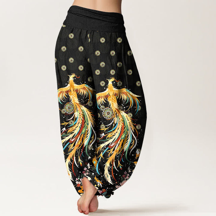 Buddha Stones Pantalon harem à taille élastique pour femme, motif phénix doré en coton - image 1