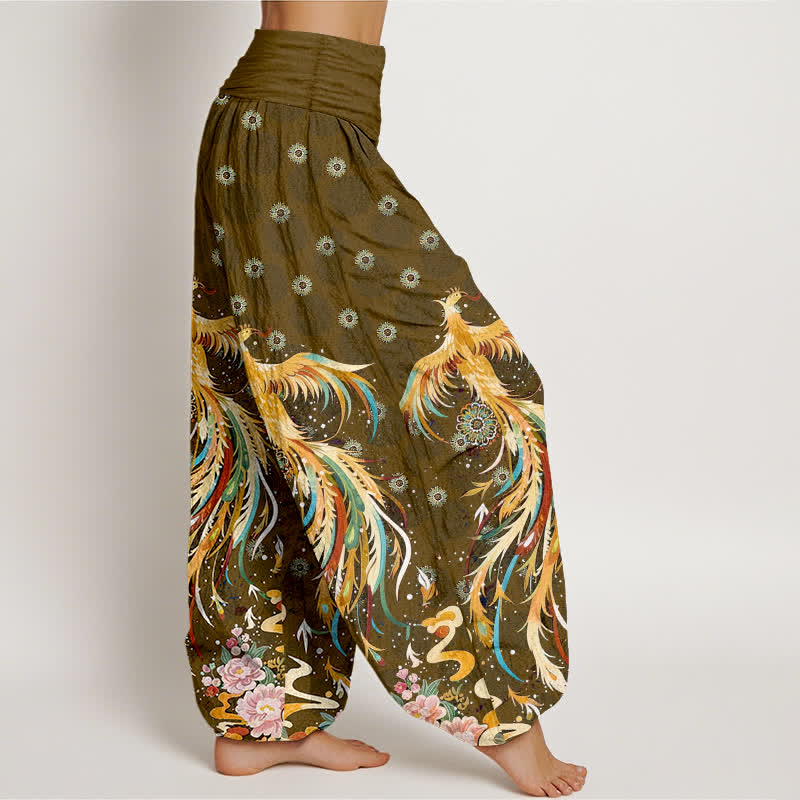 Buddha Stones Pantalon harem à taille élastique pour femme, motif phénix doré en coton - image 7