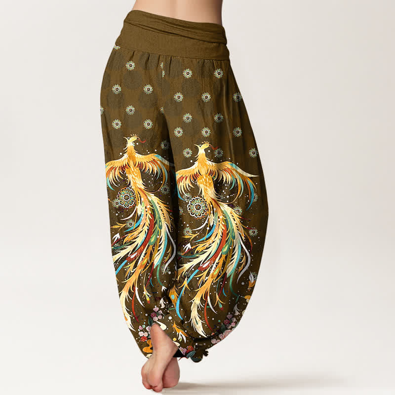 Buddha Stones Pantalon harem à taille élastique pour femme, motif phénix doré en coton - image 6