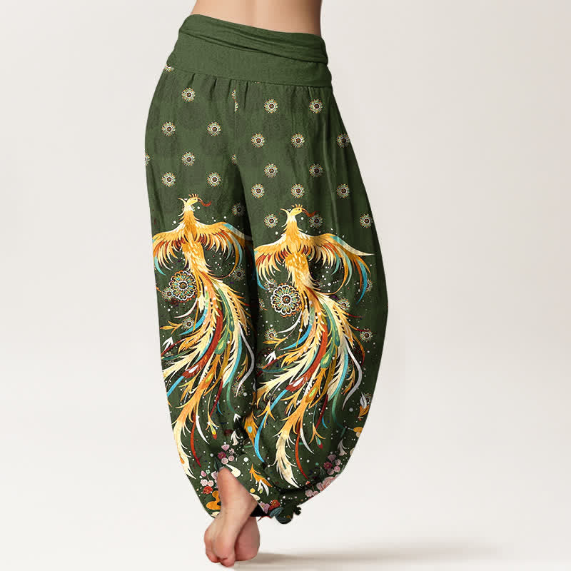 Buddha Stones Pantalon harem à taille élastique pour femme, motif phénix doré en coton - image 9
