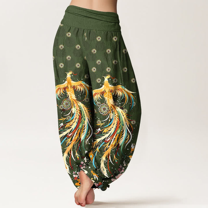 Buddha Stones Pantalon harem à taille élastique pour femme, motif phénix doré en coton - image 9