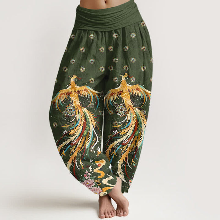 Buddha Stones Pantalon harem à taille élastique pour femme, motif phénix doré en coton - Vert olive - US16，UK/AU20，EU48 (3XL) - image 8