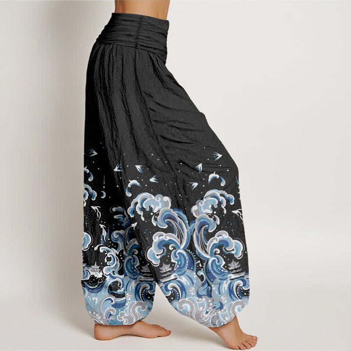 Buddha Stones Pantalon harem à taille élastique pour femme, en coton bleu océan à motif vagues - image 2