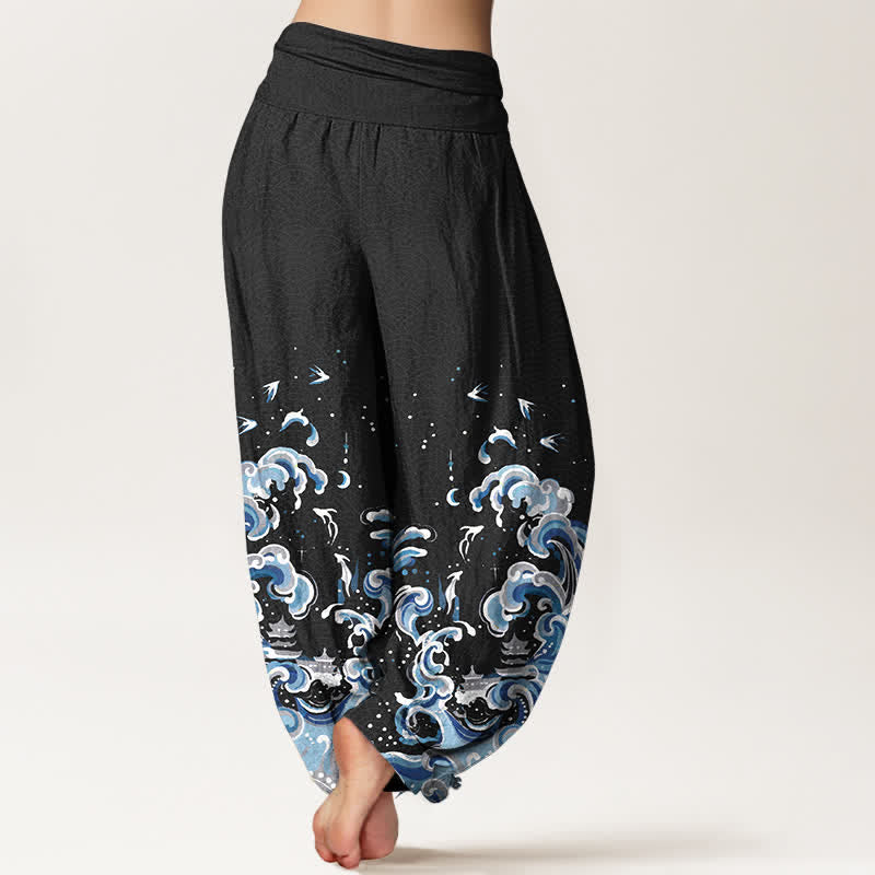 Buddha Stones Pantalon harem à taille élastique pour femme, en coton bleu océan à motif vagues - image 1