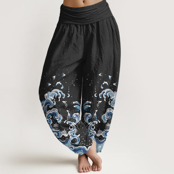 Buddha Stones Pantalon harem à taille élastique pour femme, en coton bleu océan à motif vagues - Noir - US16，UK/AU20，EU48 (3XL) - image 0