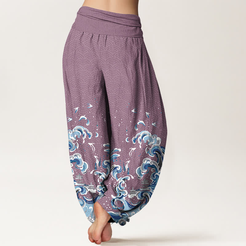 Buddha Stones Pantalon harem à taille élastique pour femme, en coton bleu océan à motif vagues - image 6