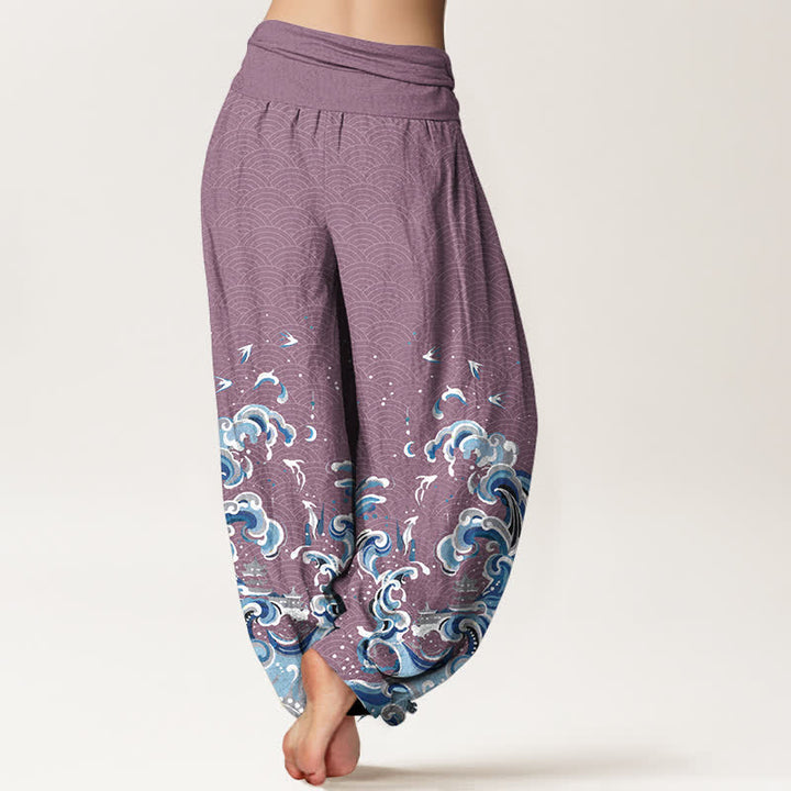Buddha Stones Pantalon harem à taille élastique pour femme, en coton bleu océan à motif vagues - image 6