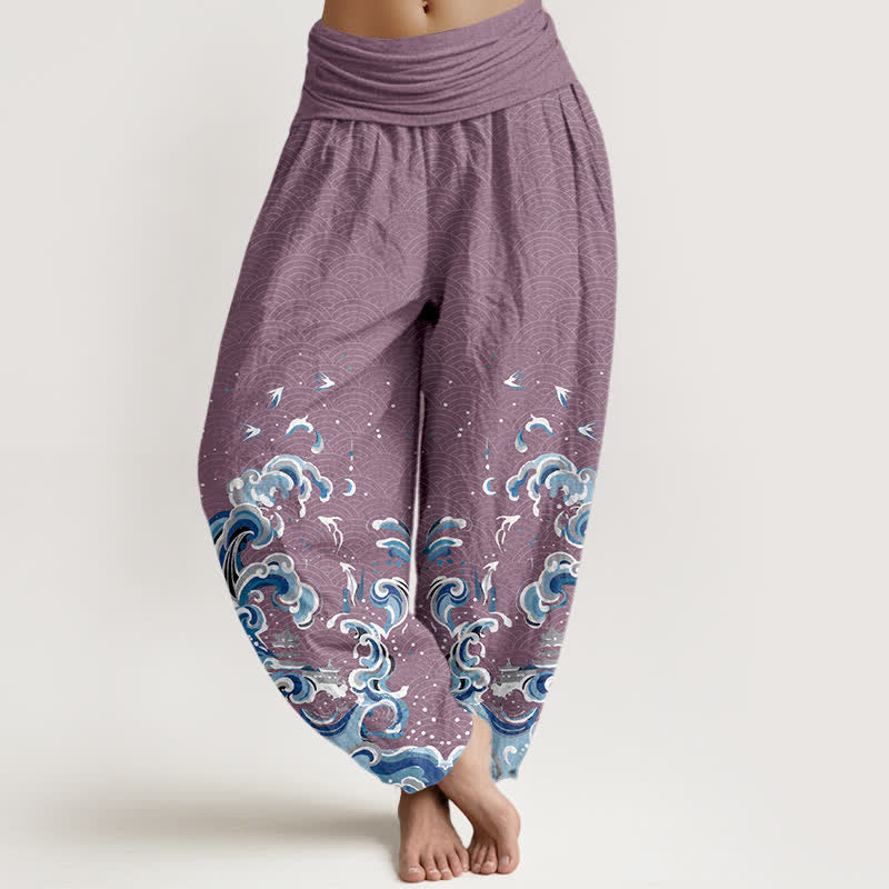 Buddha Stones Pantalon harem à taille élastique pour femme, en coton bleu océan à motif vagues - Prune - US16，UK/AU20，EU48 (3XL) - image 5