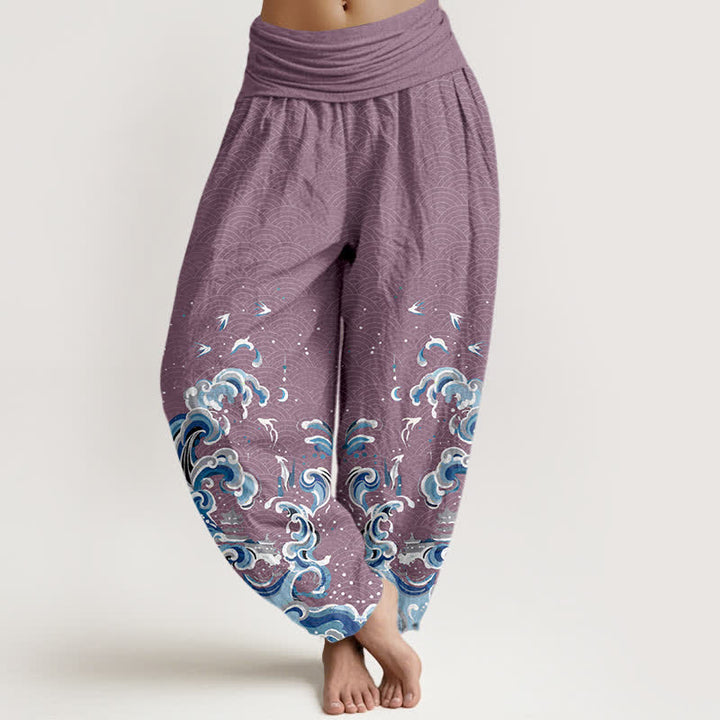 Buddha Stones Pantalon harem à taille élastique pour femme, en coton bleu océan à motif vagues - Prune - US16，UK/AU20，EU48 (3XL) - image 5