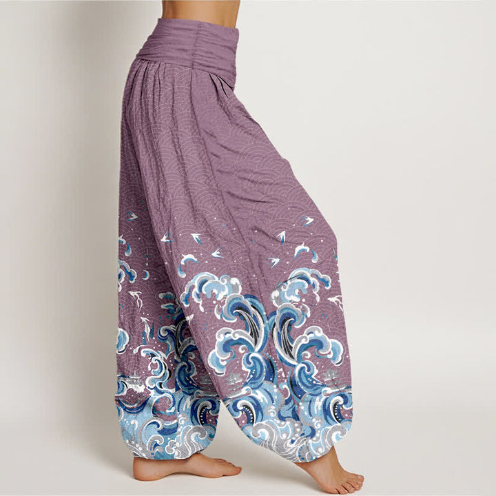 Buddha Stones Pantalon harem à taille élastique pour femme, en coton bleu océan à motif vagues - image 7