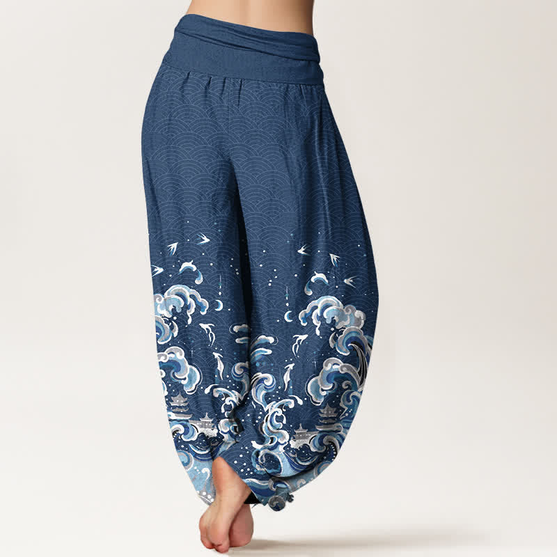 Buddha Stones Pantalon harem à taille élastique pour femme, en coton bleu océan à motif vagues - image 9