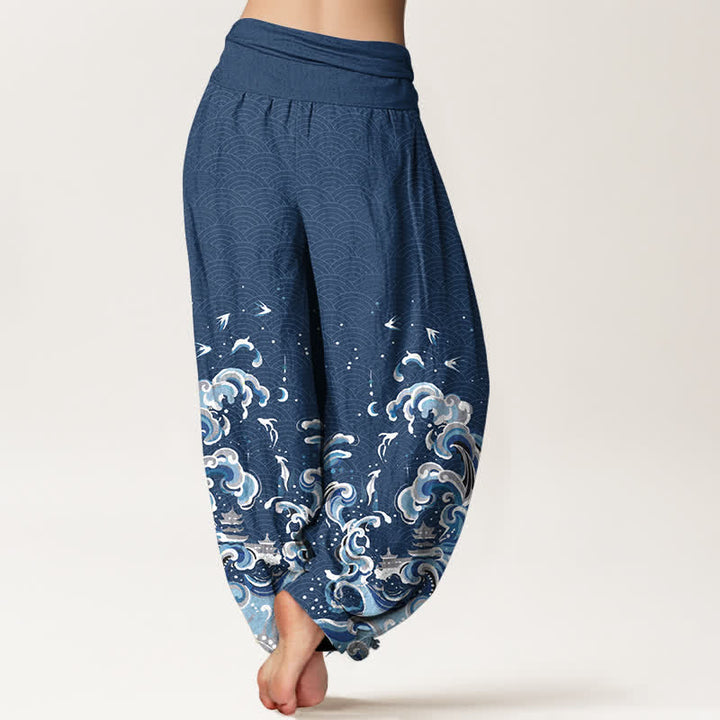 Buddha Stones Pantalon harem à taille élastique pour femme, en coton bleu océan à motif vagues - image 9