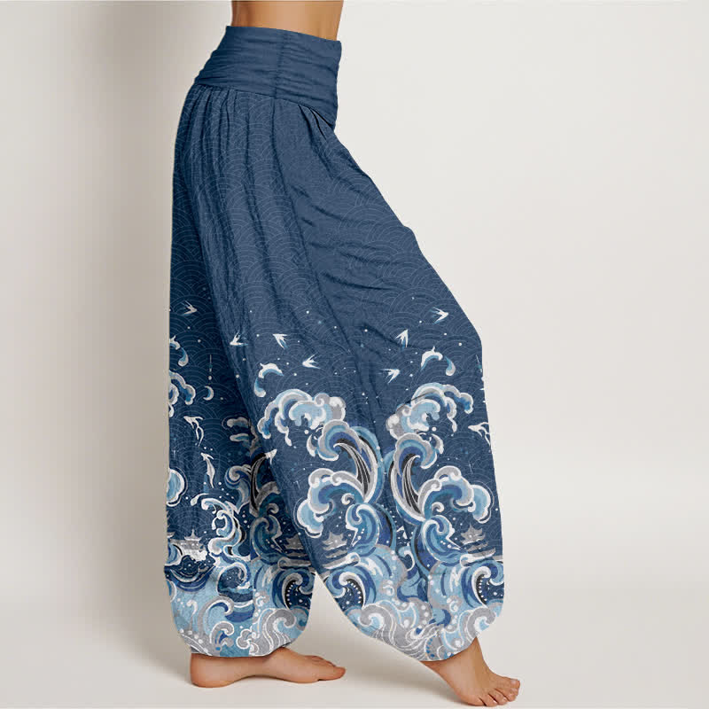 Buddha Stones Pantalon harem à taille élastique pour femme, en coton bleu océan à motif vagues - image 10