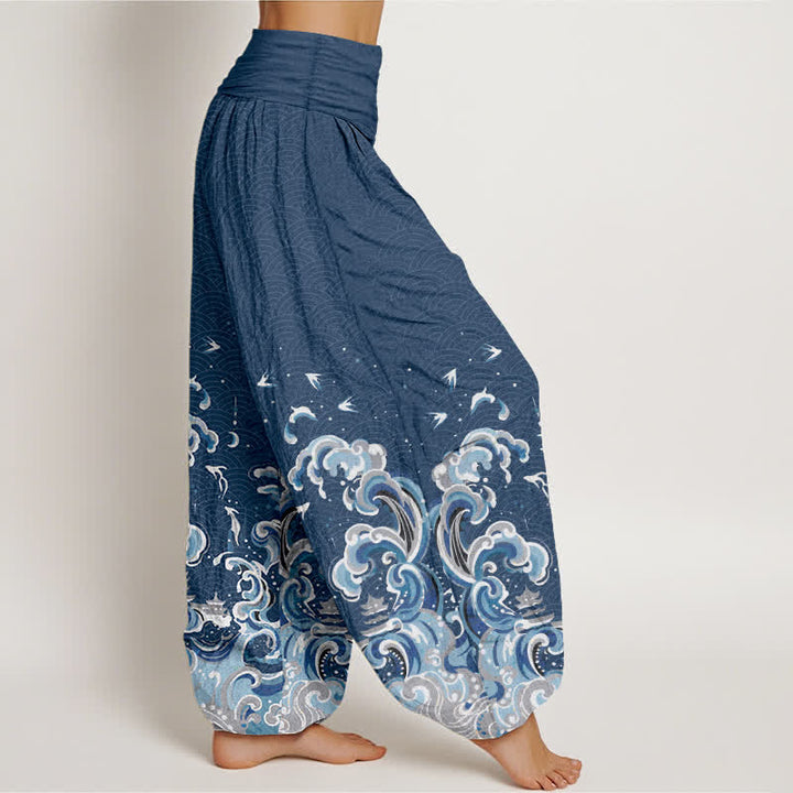 Buddha Stones Pantalon harem à taille élastique pour femme, en coton bleu océan à motif vagues - image 10