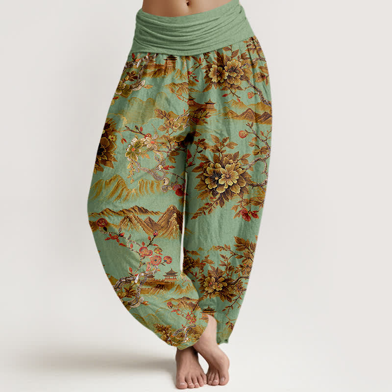 Buddha Stones Pantalon harem pour femme en coton vintage, motif floral vert d'or foncé, taille élastique - Vert clair - US16，UK/AU20，EU48 (3XL) - image 0