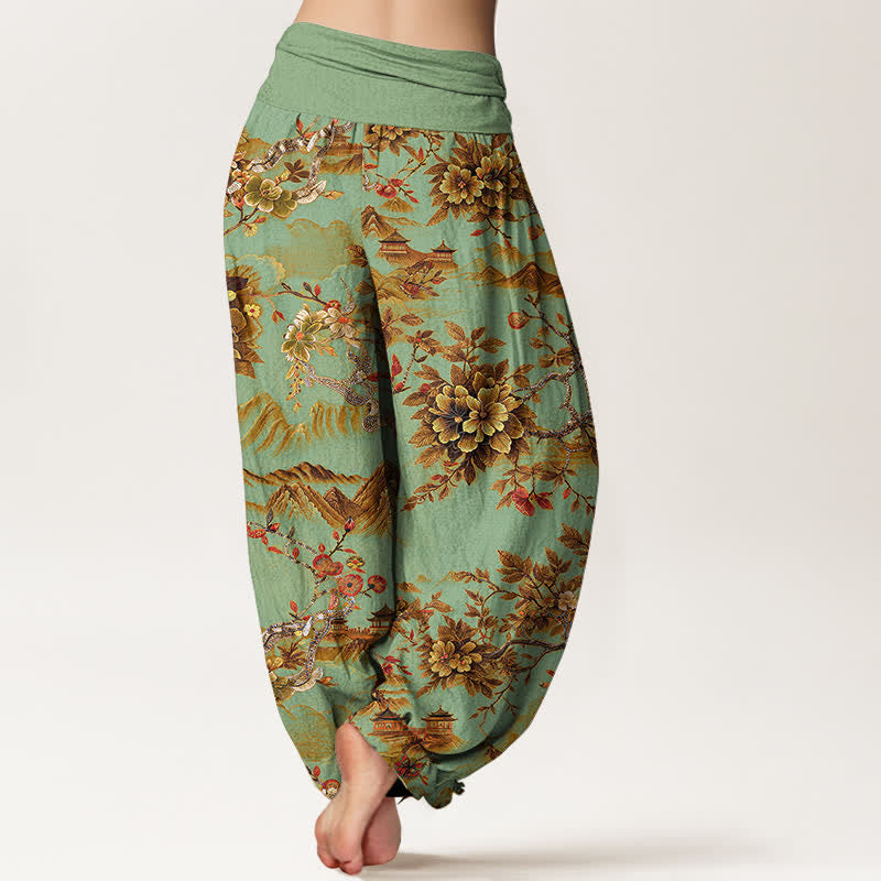 Buddha Stones Pantalon harem pour femme en coton vintage, motif floral vert d'or foncé, taille élastique - image 1
