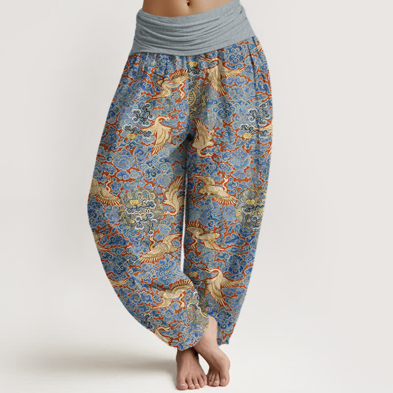 Buddha Stones Pantalon harem à taille élastique pour femme, motif floral nuageux et grue en coton. - Bleu ciel - US16，UK/AU20，EU48 (3XL) - image 0