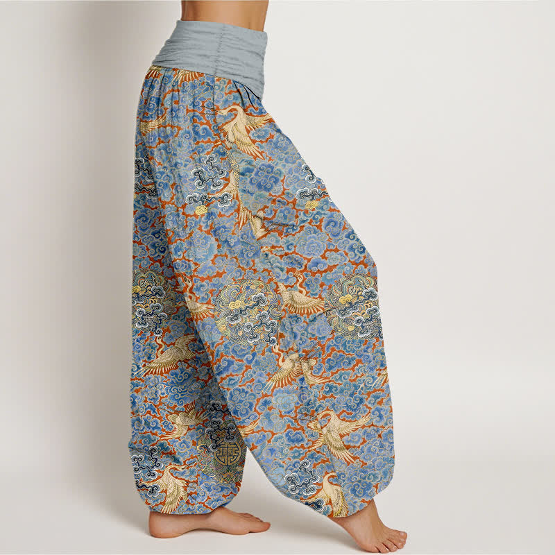 Buddha Stones Pantalon harem à taille élastique pour femme, motif floral nuageux et grue en coton. - image 2