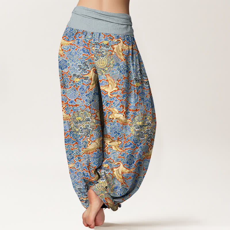 Buddha Stones Pantalon harem à taille élastique pour femme, motif floral nuageux et grue en coton. - image 1
