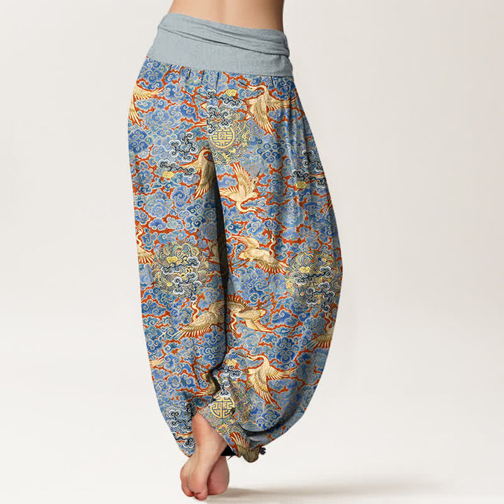 Buddha Stones Pantalon harem à taille élastique pour femme, motif floral nuageux et grue en coton. - image 1