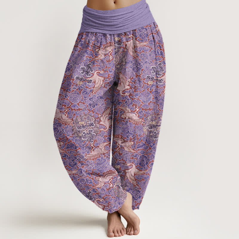 Buddha Stones Pantalon harem à taille élastique pour femme, motif floral nuageux et grue en coton. - Orchidée moyenne - US16，UK/AU20，EU48 (3XL) - image 5