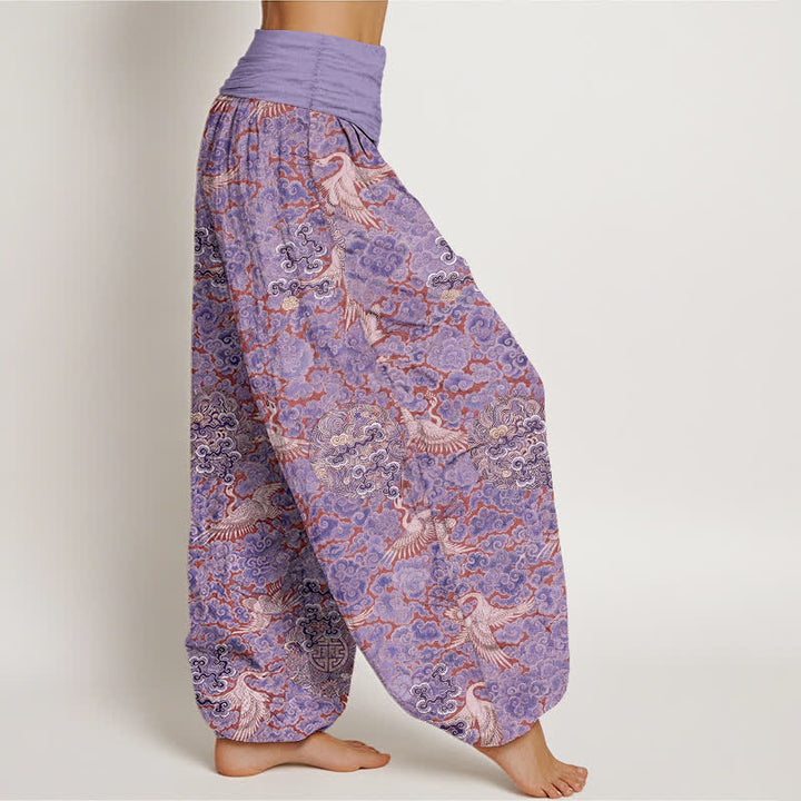 Buddha Stones Pantalon harem à taille élastique pour femme, motif floral nuageux et grue en coton. - image 7