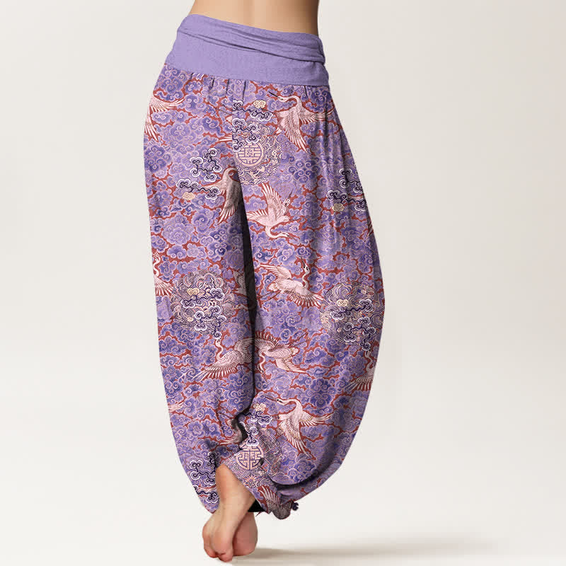 Buddha Stones Pantalon harem à taille élastique pour femme, motif floral nuageux et grue en coton. - image 6