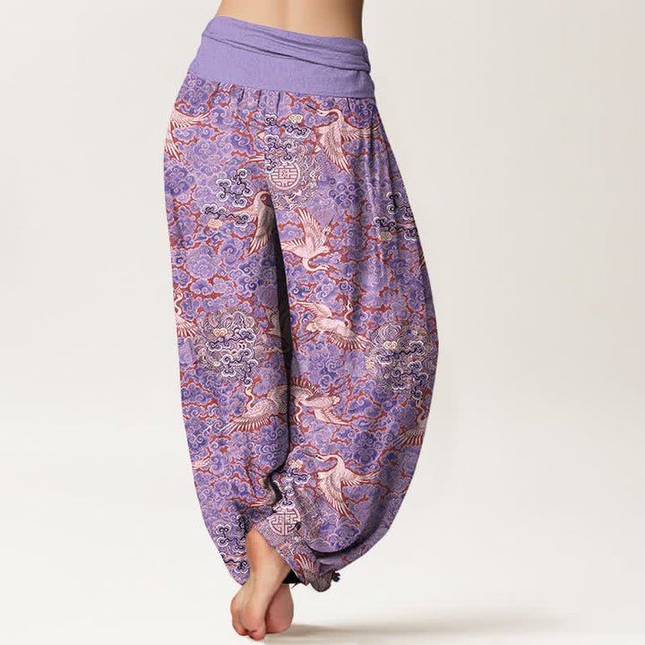 Buddha Stones Pantalon harem à taille élastique pour femme, motif floral nuageux et grue en coton. - image 6