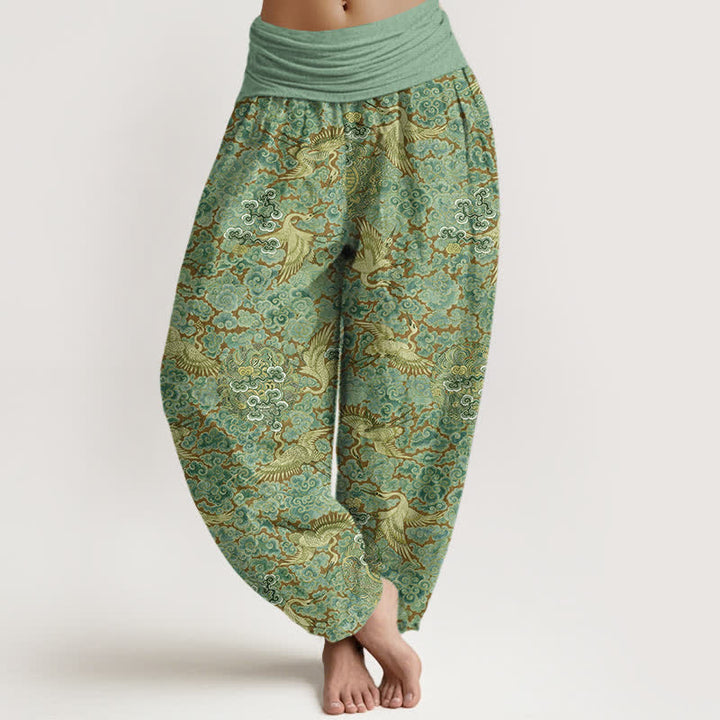 Buddha Stones Pantalon harem à taille élastique pour femme, motif floral nuageux et grue en coton. - Vert clair - US16，UK/AU20，EU48 (3XL) - image 8