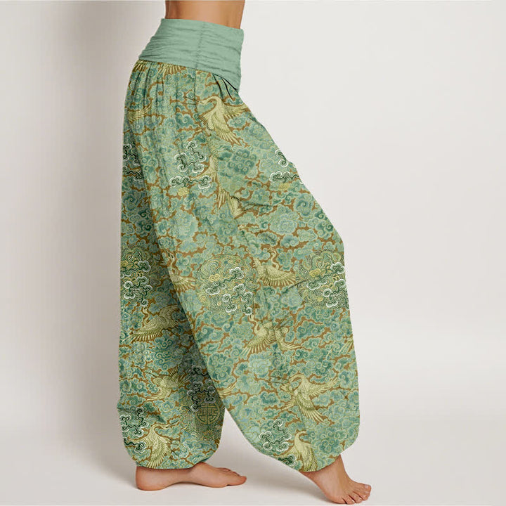 Buddha Stones Pantalon harem à taille élastique pour femme, motif floral nuageux et grue en coton. - image 10