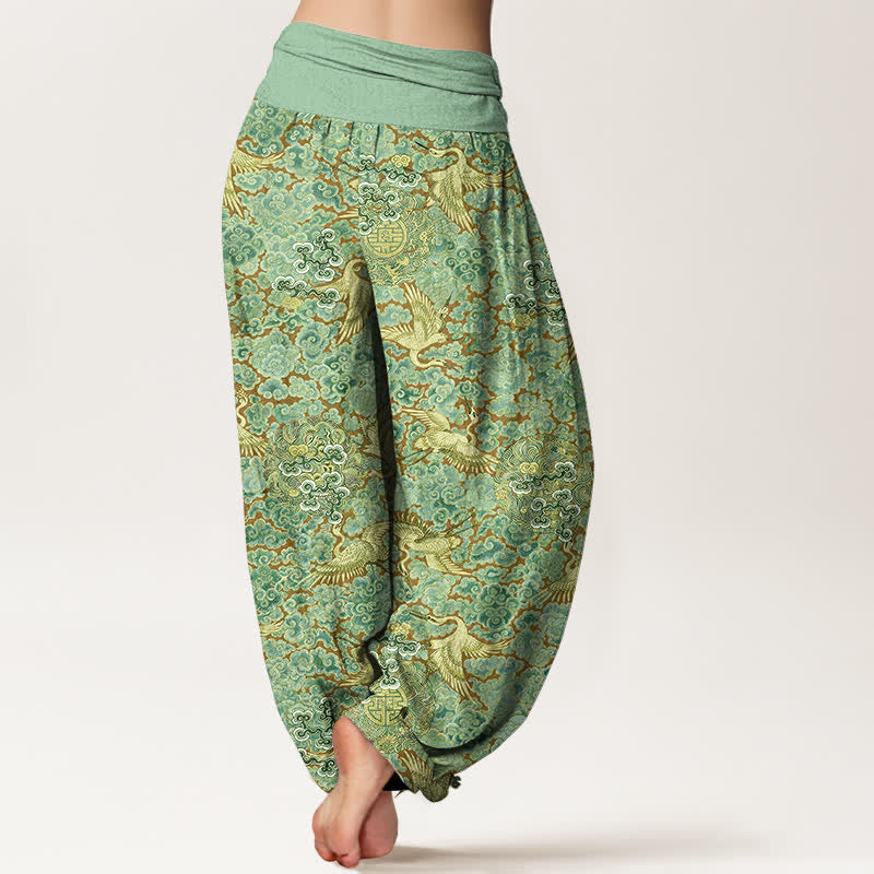 Buddha Stones Pantalon harem à taille élastique pour femme, motif floral nuageux et grue en coton. - image 9